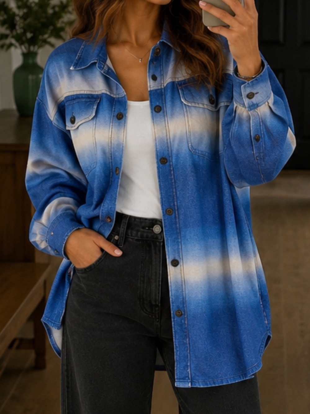 Free People: We The Free Blue Ombre Stripe Oversized Shacket Shirt Jacket - Size
